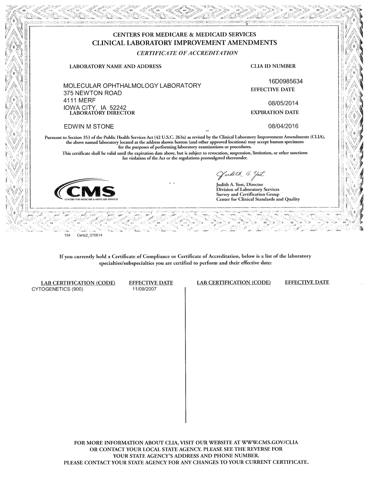 Lab Certifications The John and Marcia Carver Nonprofit
